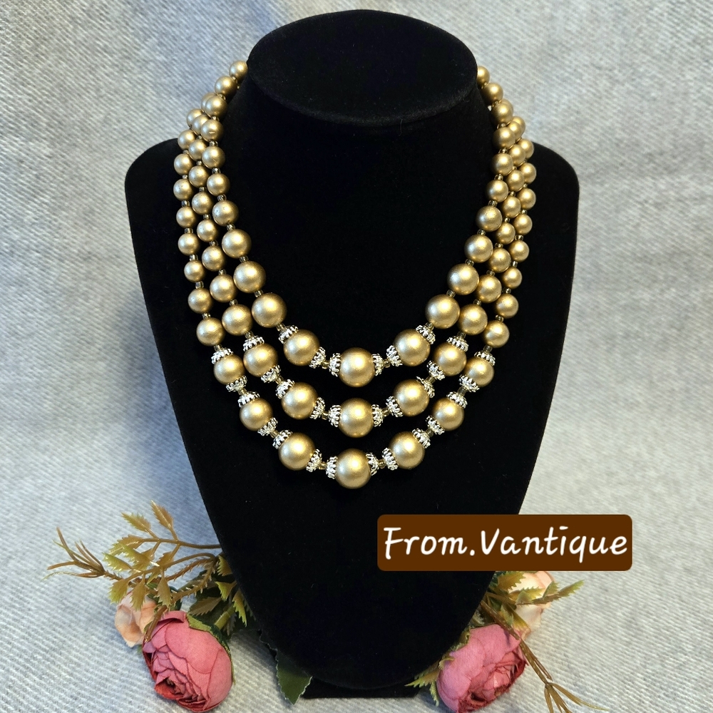 🟤 Vintage 3 Layers Gold Beaded Statement Bold Necklace (Made in Japan) ⛓️🪝